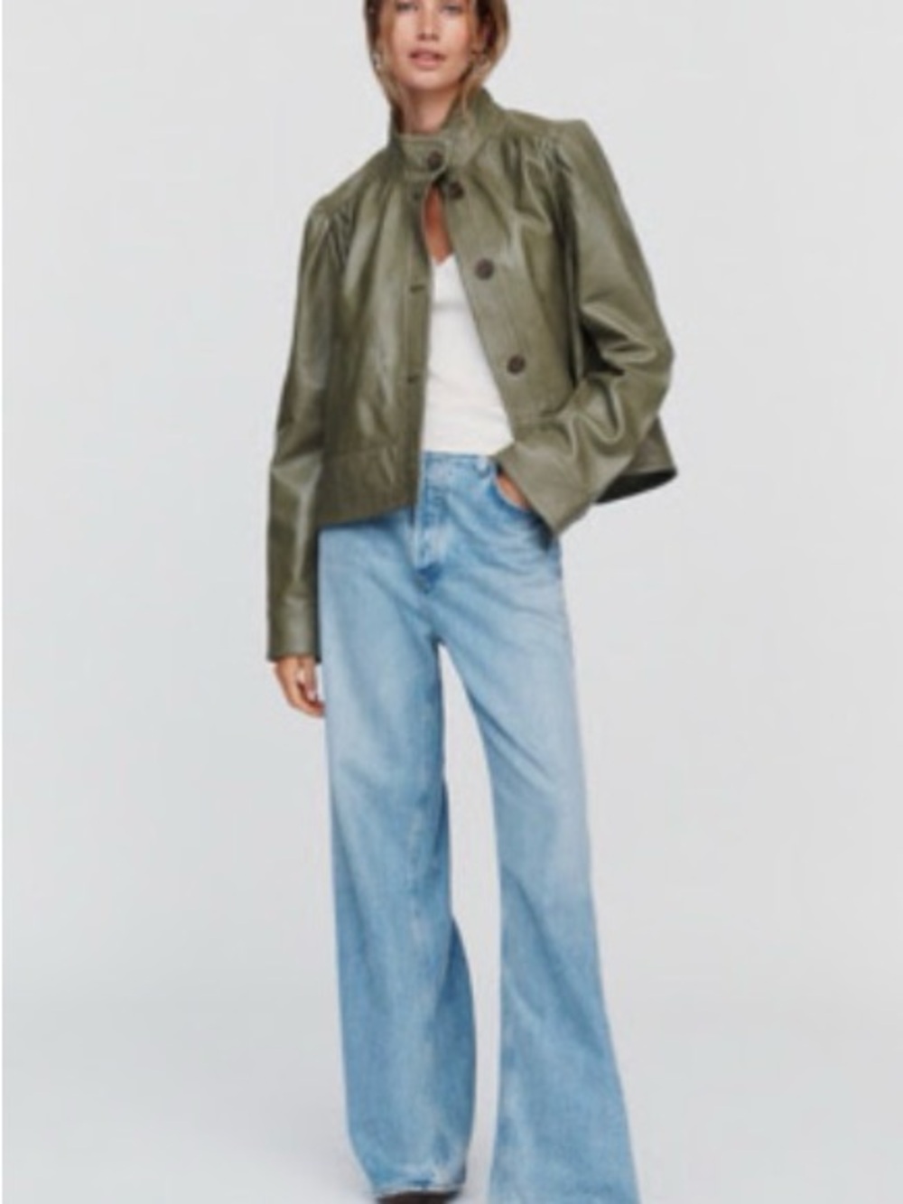 Anthropologie Olive Green Leather Button-Up Swing Jacket